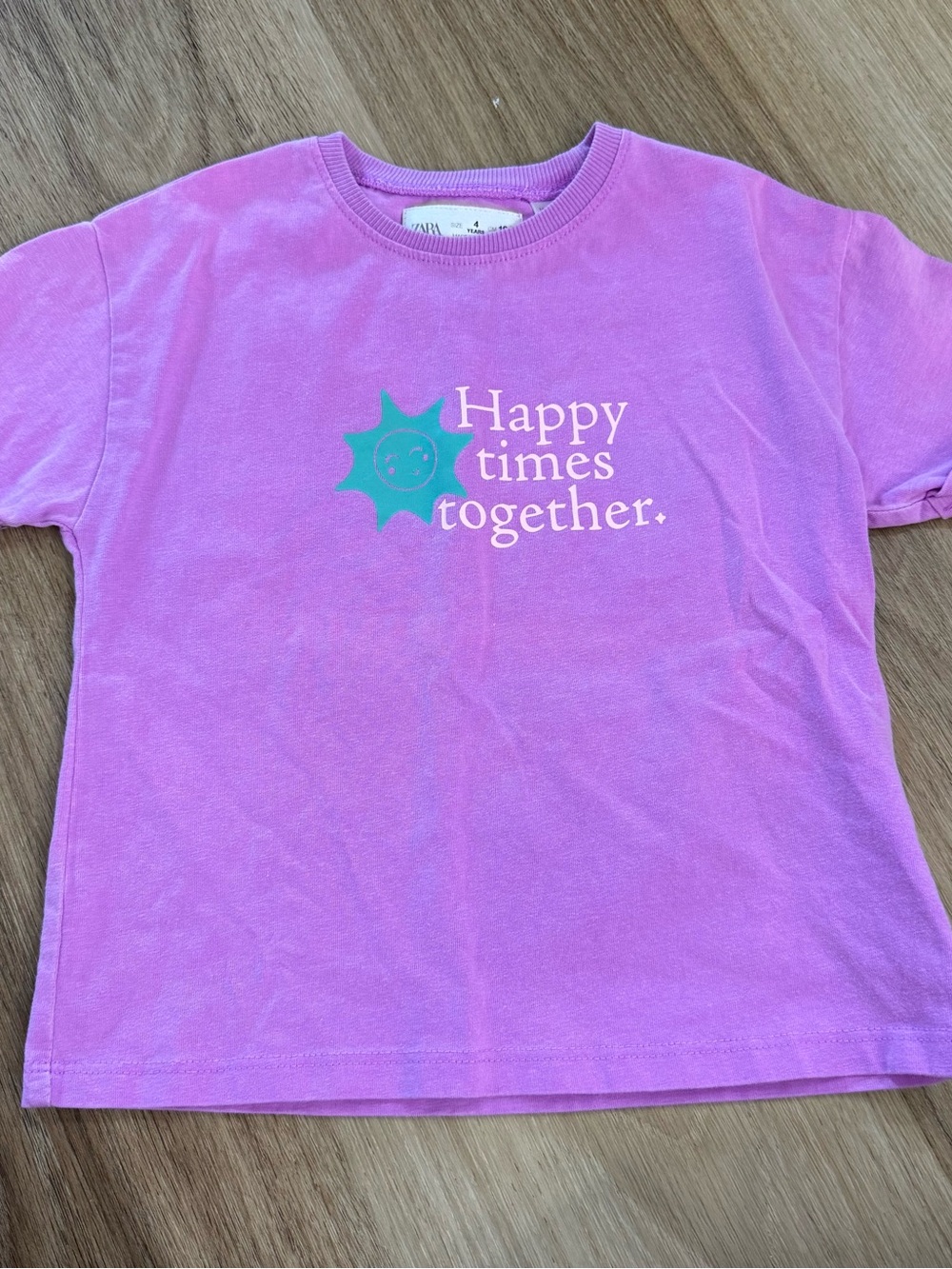 Zara Pink Tee with Teal Sun 'Happy times together' Graphic